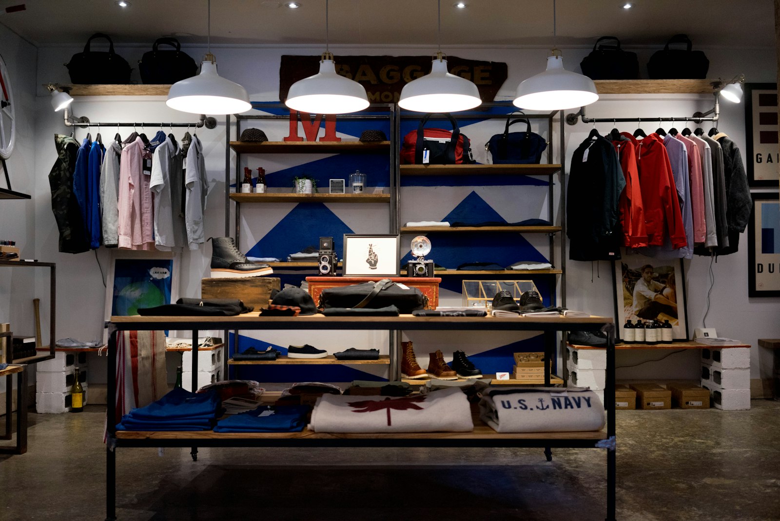 Interior of a retail clothing store with displays and racks