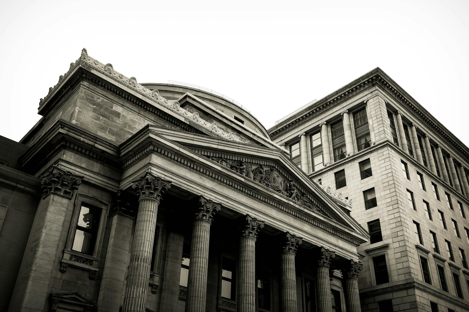 Classical bank building facade with stone columns